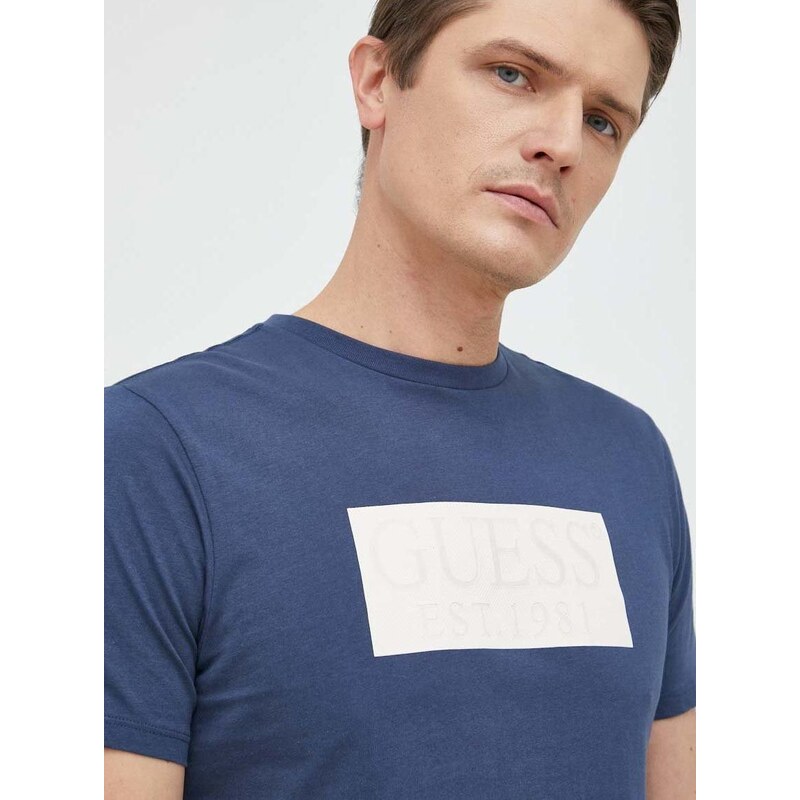 Bavlněné tričko Guess tmavomodrá barva, s potiskem
