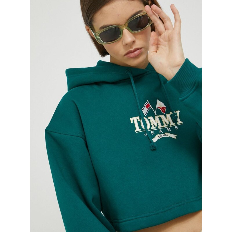 mikina Tommy Jeans dámská, zelená barva, s kapucí, s aplikací