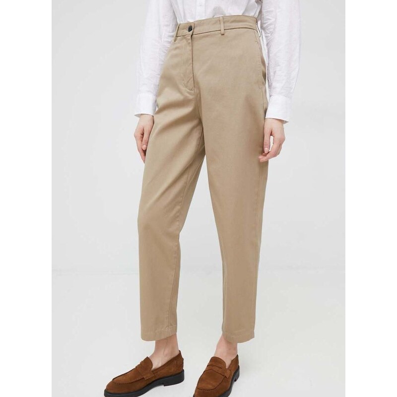 bavlněné kalhoty Tommy Hilfiger dámské, béžová barva, střih chinos, high waist