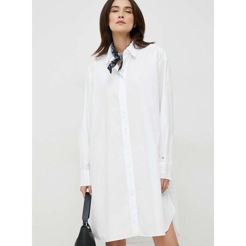 Bavlněné šaty Tommy Hilfiger bílá barva, mini, oversize