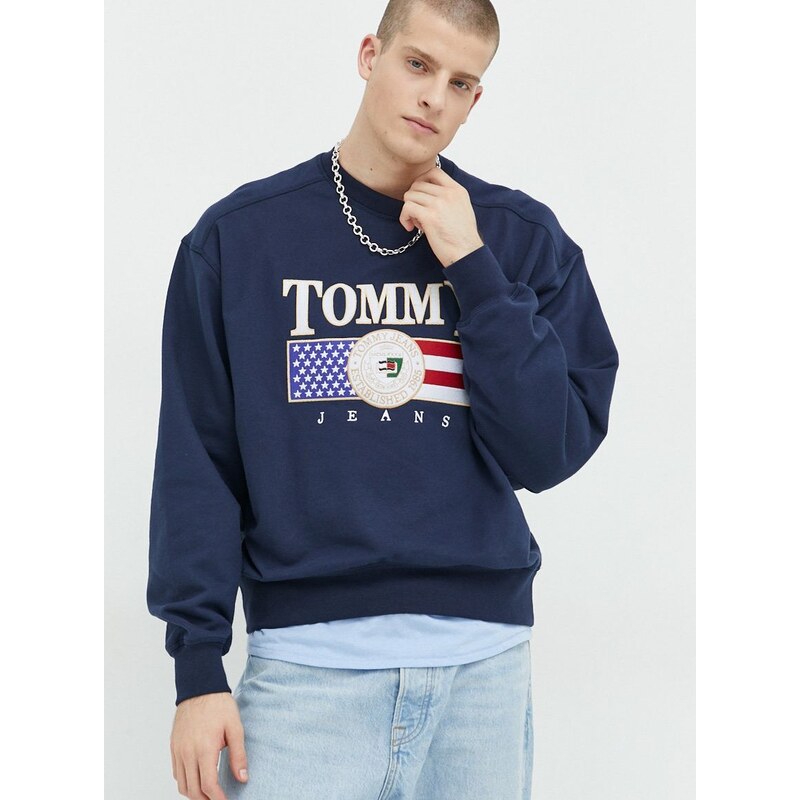 Bavlněná mikina Tommy Jeans pánská, tmavomodrá barva, s aplikací