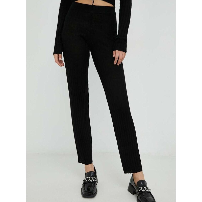 Vlněné kalhoty Résumé dámské, černá barva, jednoduché, high waist