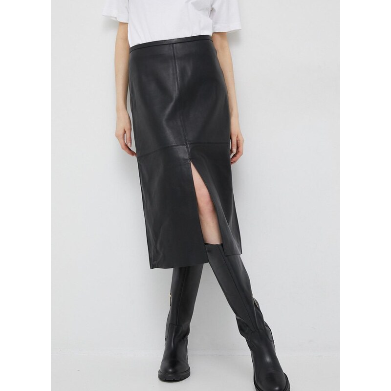 Kožená sukně Calvin Klein černá barva, midi