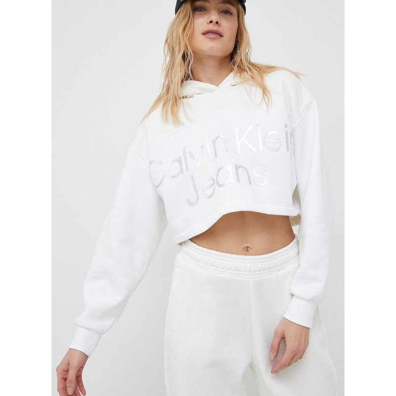 Mikina Calvin Klein Jeans dámská, bílá barva, s kapucí, s aplikací -  GLAMI.cz