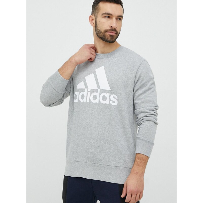 Bavlněná mikina adidas pánská, šedá barva, s potiskem