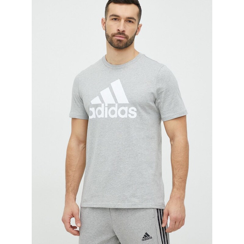 Bavlněné tričko adidas šedá barva, s potiskem, IC9350