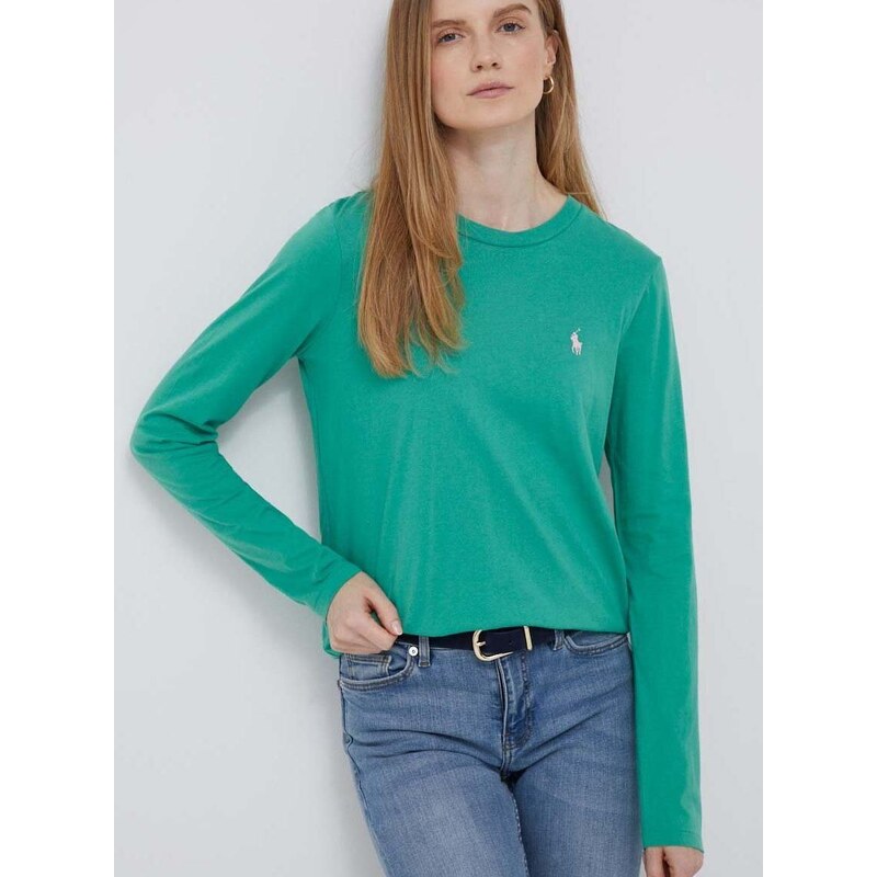 Bavlněné tričko s dlouhým rukávem Polo Ralph Lauren zelená barva