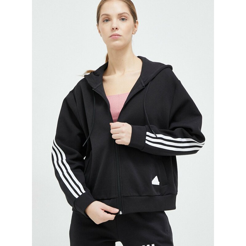 Mikina adidas dámská, černá barva, s kapucí, s aplikací