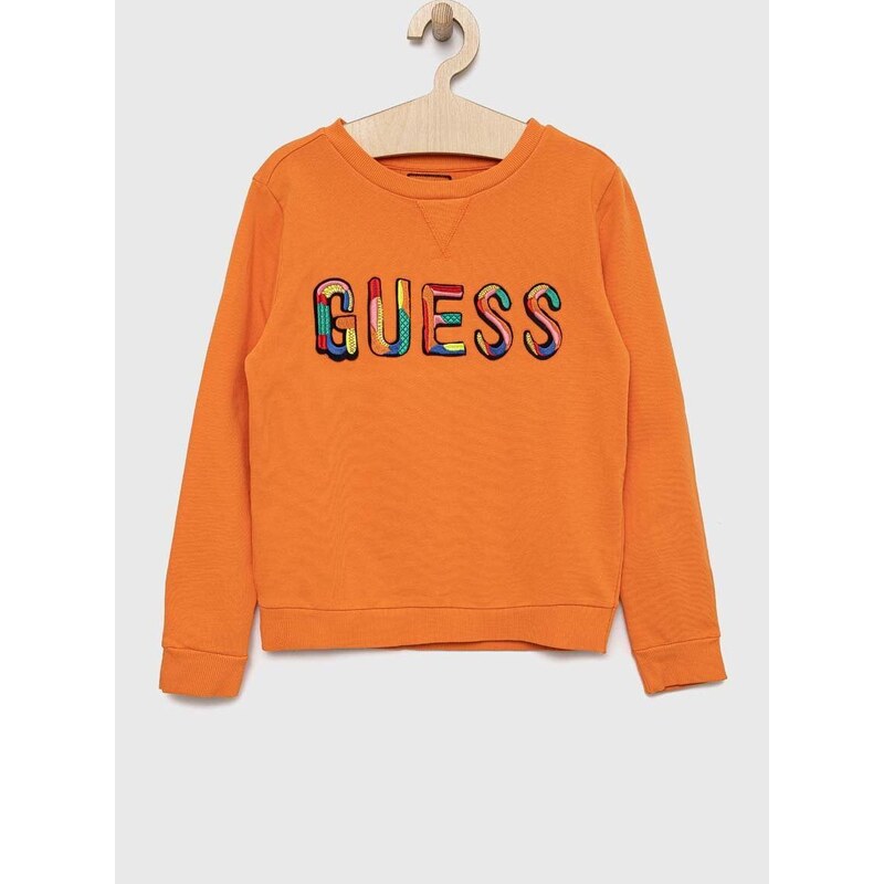 Dětská bavlněná mikina Guess oranžová barva, s aplikací
