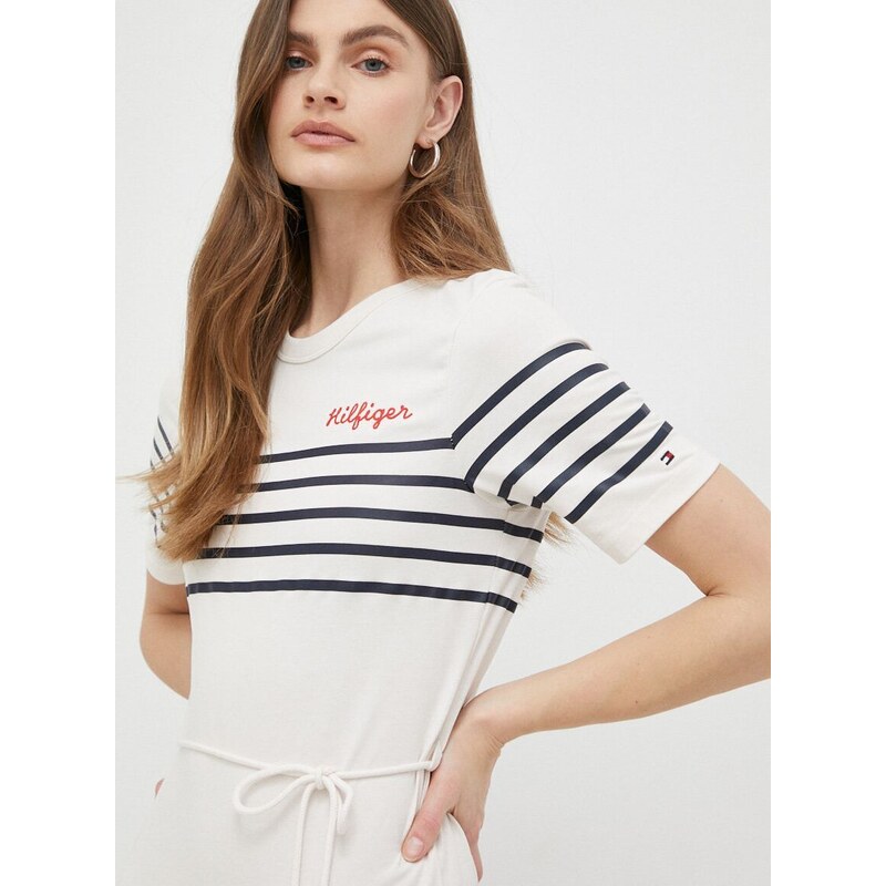 Bavlněné šaty Tommy Hilfiger béžová barva, midi