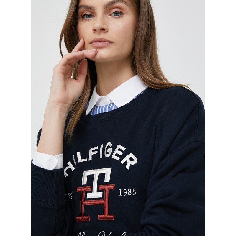 Bavlněná mikina Tommy Hilfiger dámská, tmavomodrá barva, s aplikací