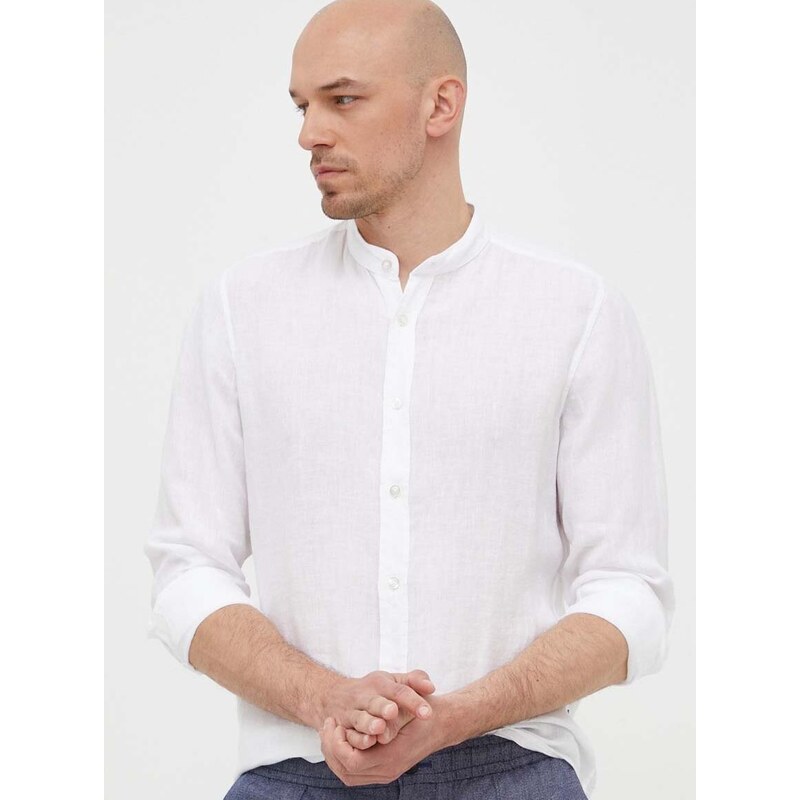 Lněná košile BOSS BOSS ORANGE bílá barva, regular, se stojáčkem