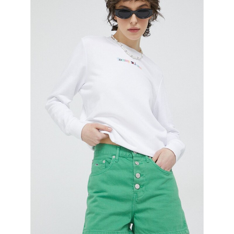 Džínové šortky Tommy Jeans dámské, zelená barva, hladké, high waist