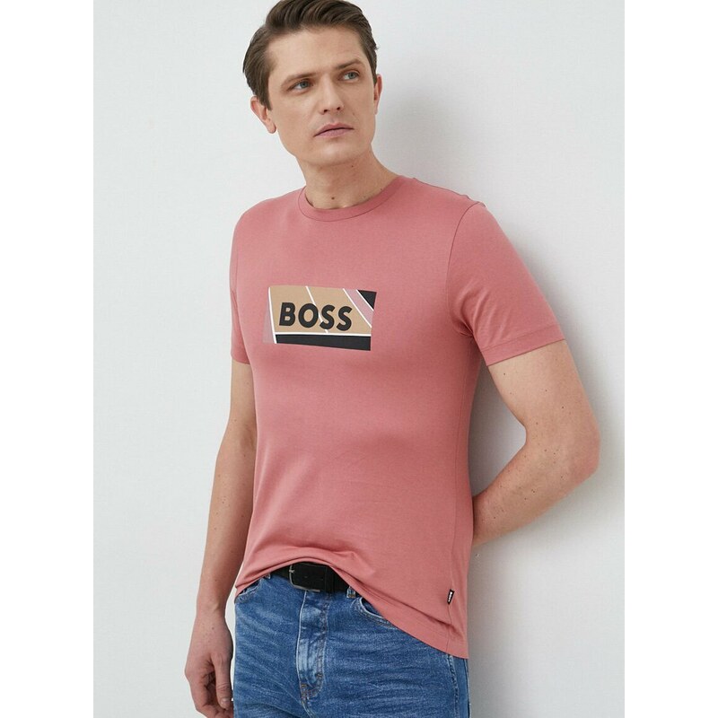 Bavlněné tričko BOSS růžová barva, s potiskem