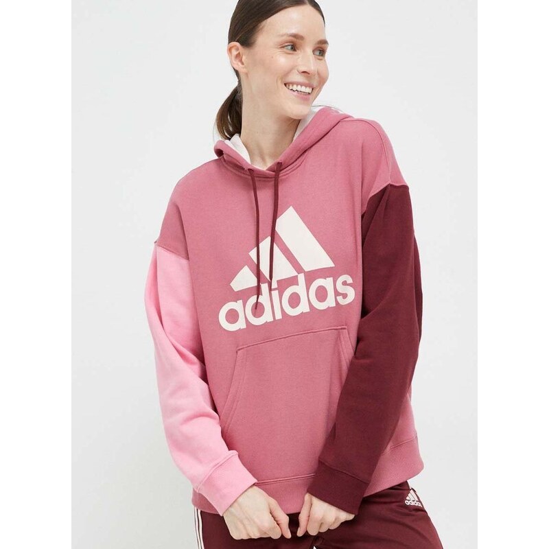 Bavlněná mikina adidas dámská, růžová barva, s kapucí, vzorovaná - GLAMI.cz