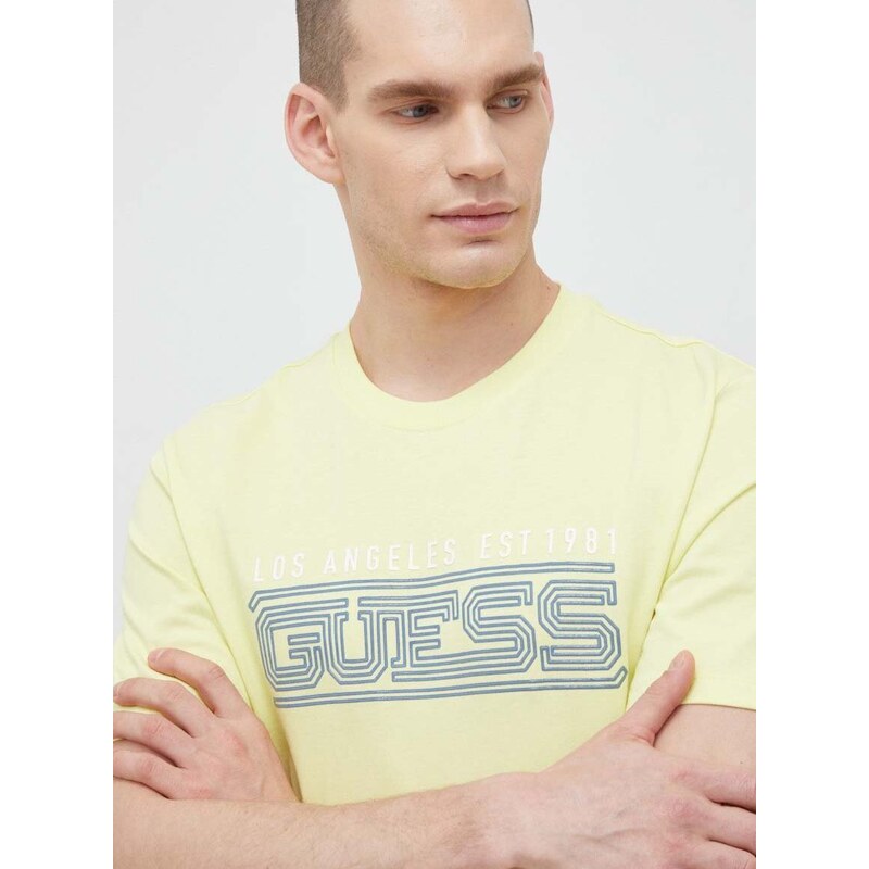 Bavlněné tričko Guess žlutá barva