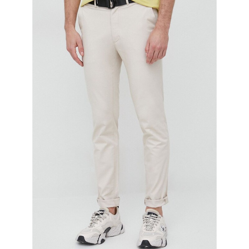 Kalhoty Calvin Klein pánské, béžová barva, přiléhavé