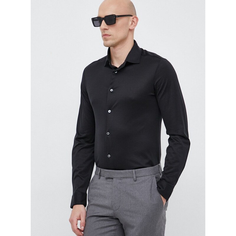 Košile Emporio Armani pánská, černá barva, slim, s klasickým límcem