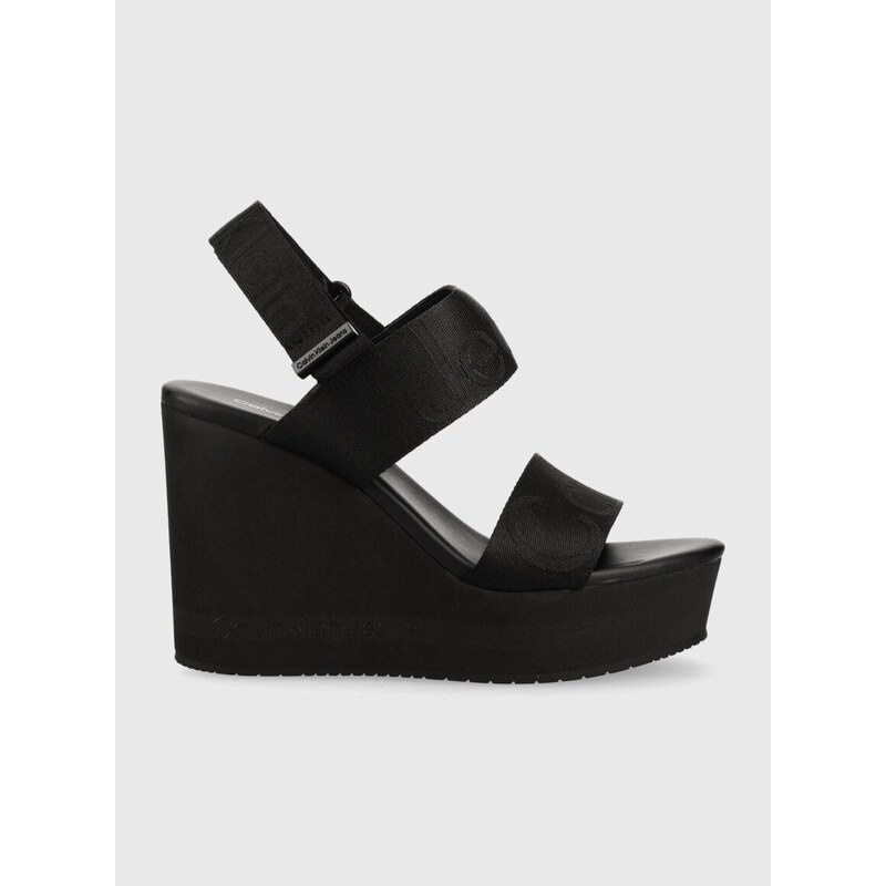 Sandály Calvin Klein Jeans WEDGE SANDAL WEBBING dámské, černá barva, na klínku, YW0YW00959