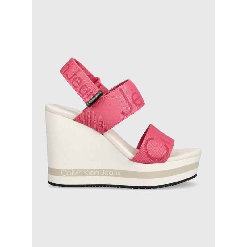 Sandály Calvin Klein Jeans WEDGE SANDAL WEBBING dámské, růžová barva, na klínku, YW0YW00959