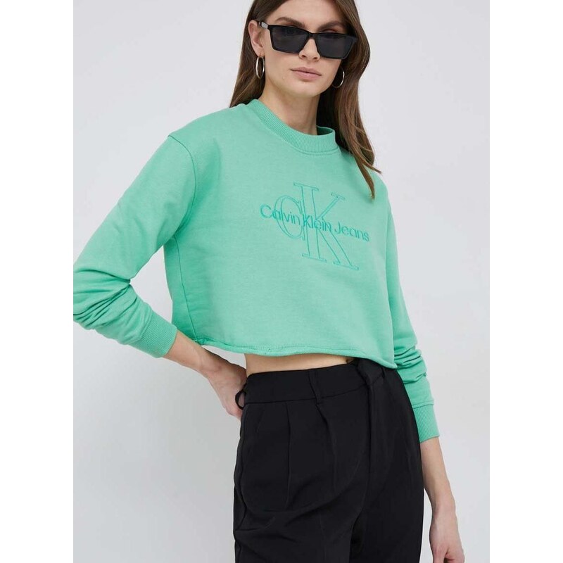 Bavlněná mikina Calvin Klein Jeans dámská, zelená barva, s aplikací