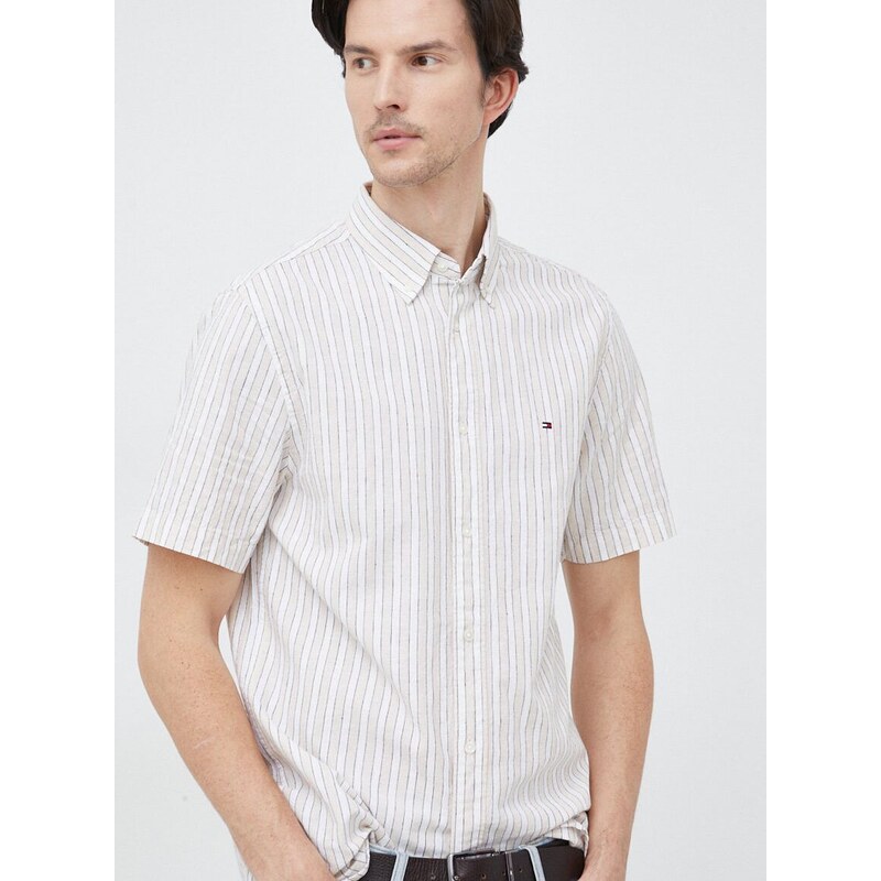 Košile s příměsí lnu Tommy Hilfiger béžová barva, regular, s límečkem button-down