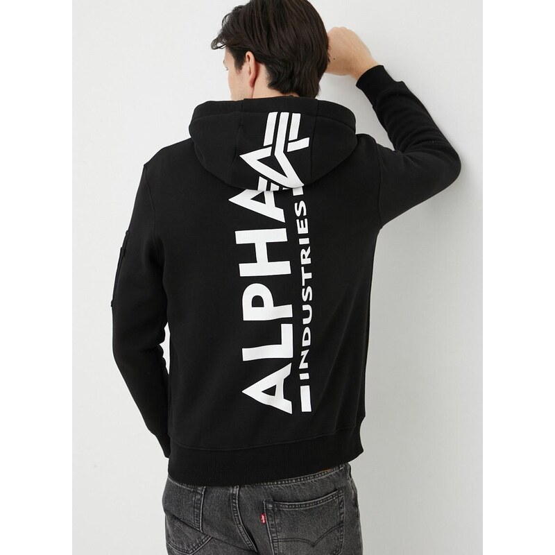 Mikina Alpha Industries pánská, černá barva, s kapucí, s potiskem