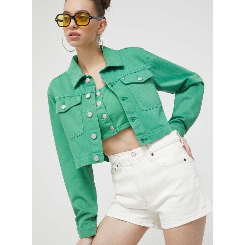 Džínová bunda Tommy Jeans dámská, zelená barva, přechodná