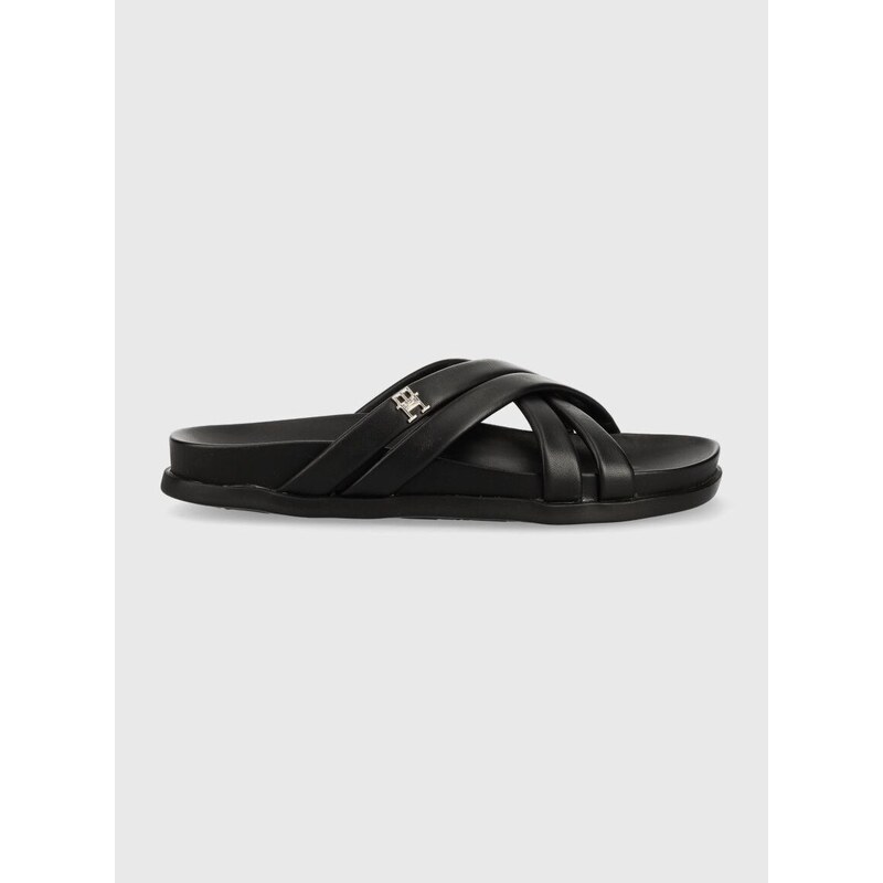 Kožené pantofle Tommy Hilfiger STRAP FEMININE SANDAL dámské, černá barva