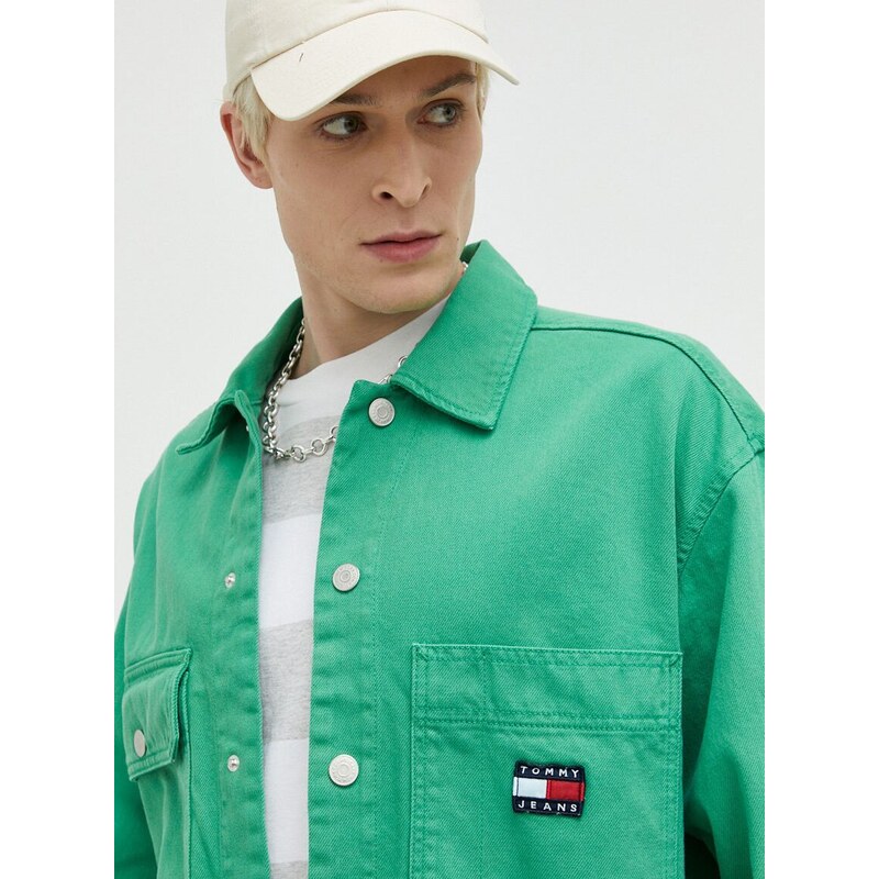 Džínová bunda Tommy Jeans pánská, zelená barva, přechodná