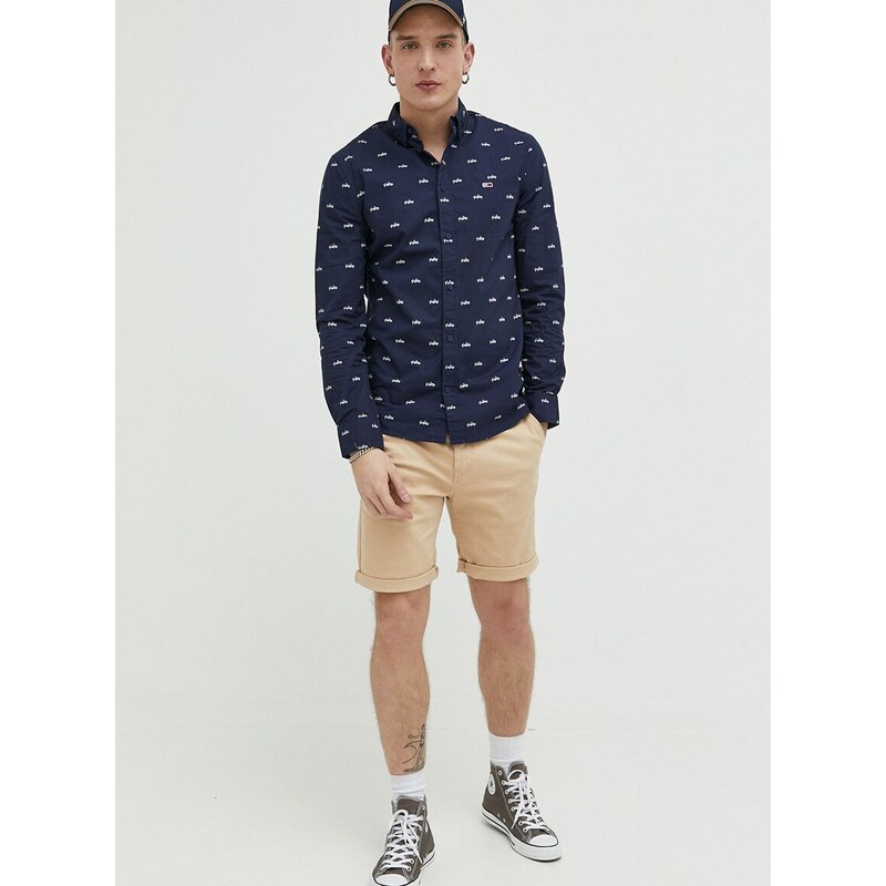 Košile Tommy Jeans tmavomodrá barva, regular, s límečkem button-down