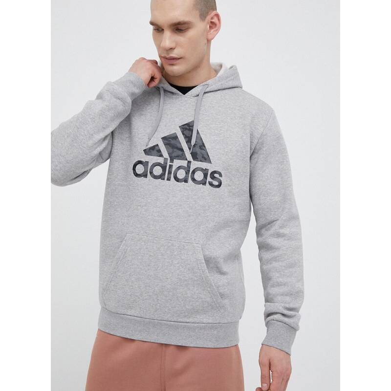 Mikina adidas pánská, šedá barva, s kapucí, s potiskem