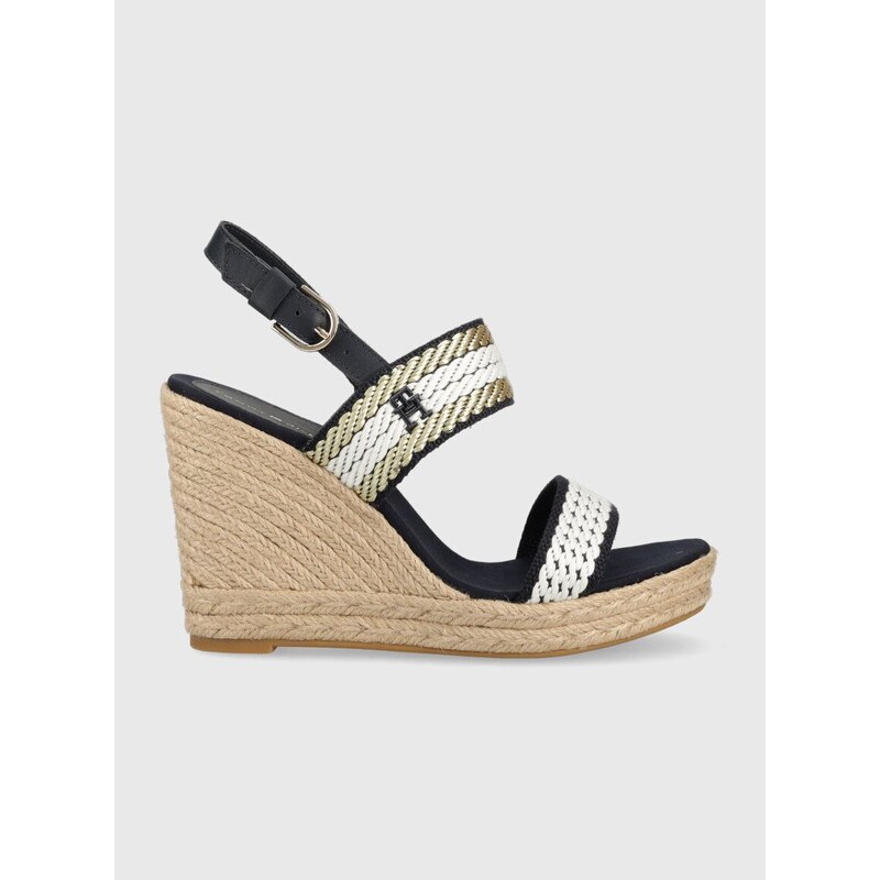 Sandály Tommy Hilfiger GOLDEN WEBBING WEDGE dámské, tmavomodrá barva, na klínku, FW0FW07089