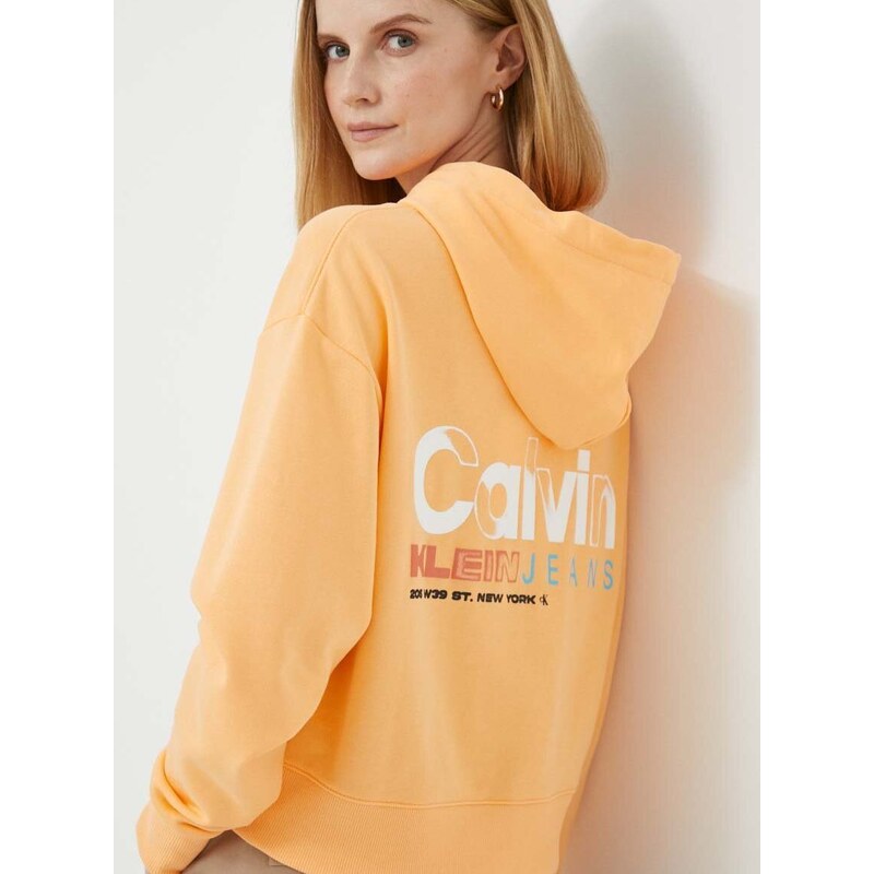 Bavlněná mikina Calvin Klein Jeans dámská, oranžová barva, s kapucí, s potiskem