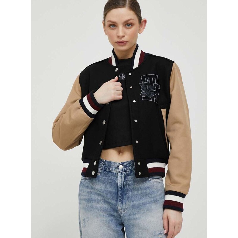 Vlněná bomber bunda Tommy Hilfiger černá barva, přechodná