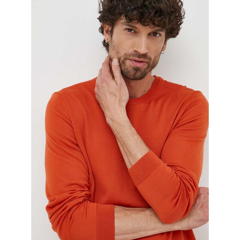 Vlněný svetr BOSS pánský, oranžová barva, lehký