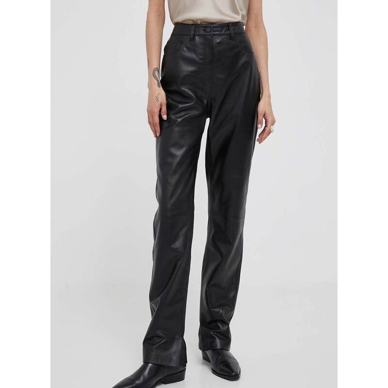 Kožené kalhoty Calvin Klein dámské, černá barva, jednoduché, high waist