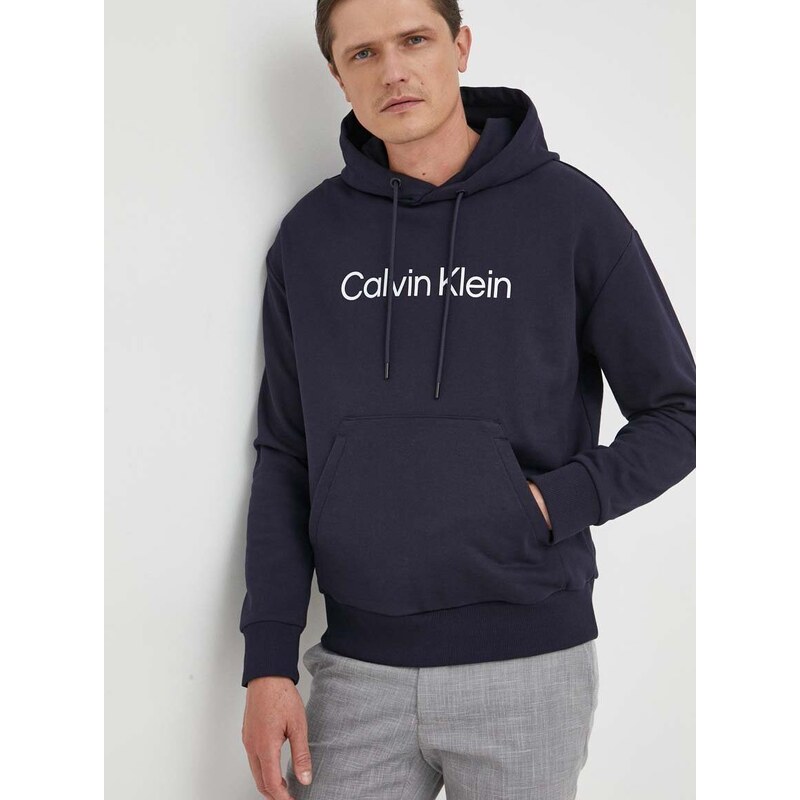 Bavlněná mikina Calvin Klein pánská, tmavomodrá barva, s kapucí, s aplikací