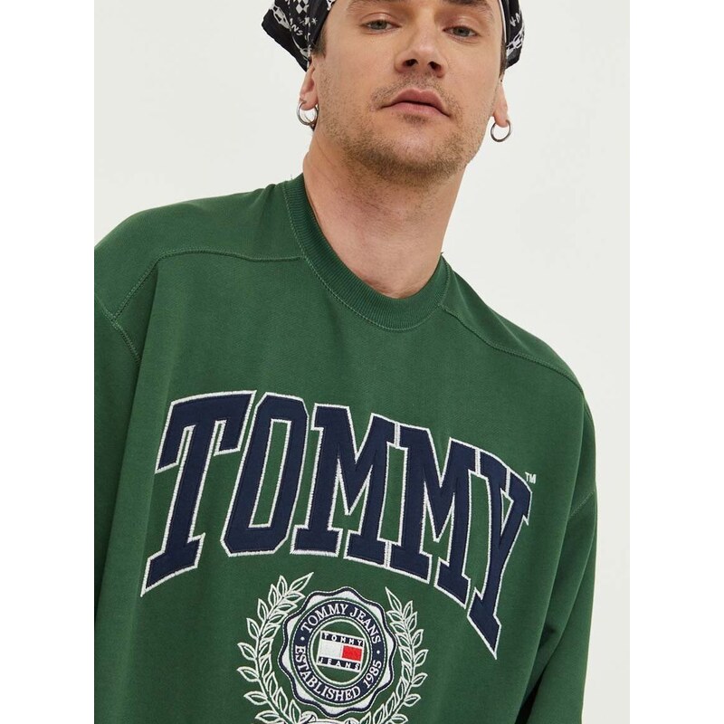 Bavlněná mikina Tommy Jeans pánská, zelená barva, s aplikací