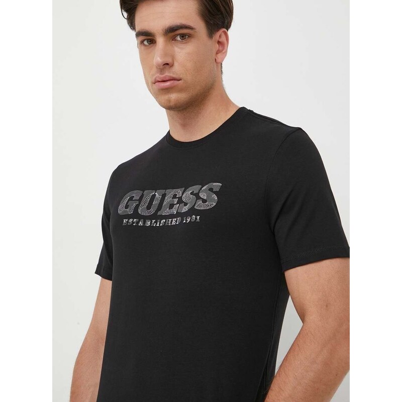 Tričko Guess černá barva, s potiskem