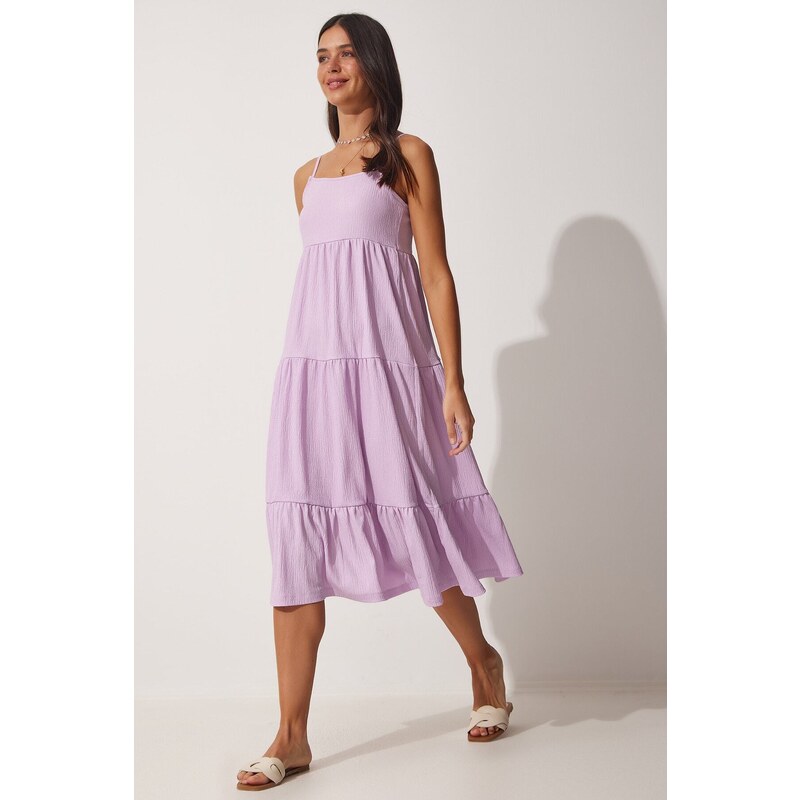 Happiness İstanbul Women's Lilac Straps, Flounces Summer Knitted Dress