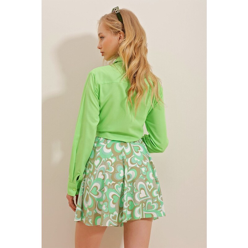 Trend Alaçatı Stili Women's Green Patterned Mini Shorts Skirt