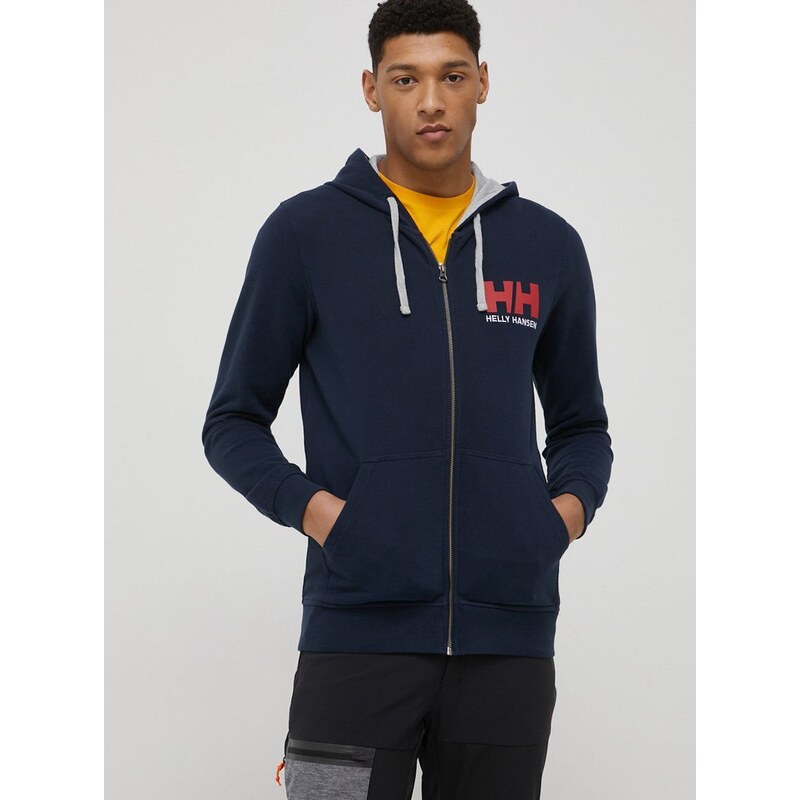 Bavlněná mikina Helly Hansen pánská, tmavomodrá barva, s kapucí, s potiskem, 34163