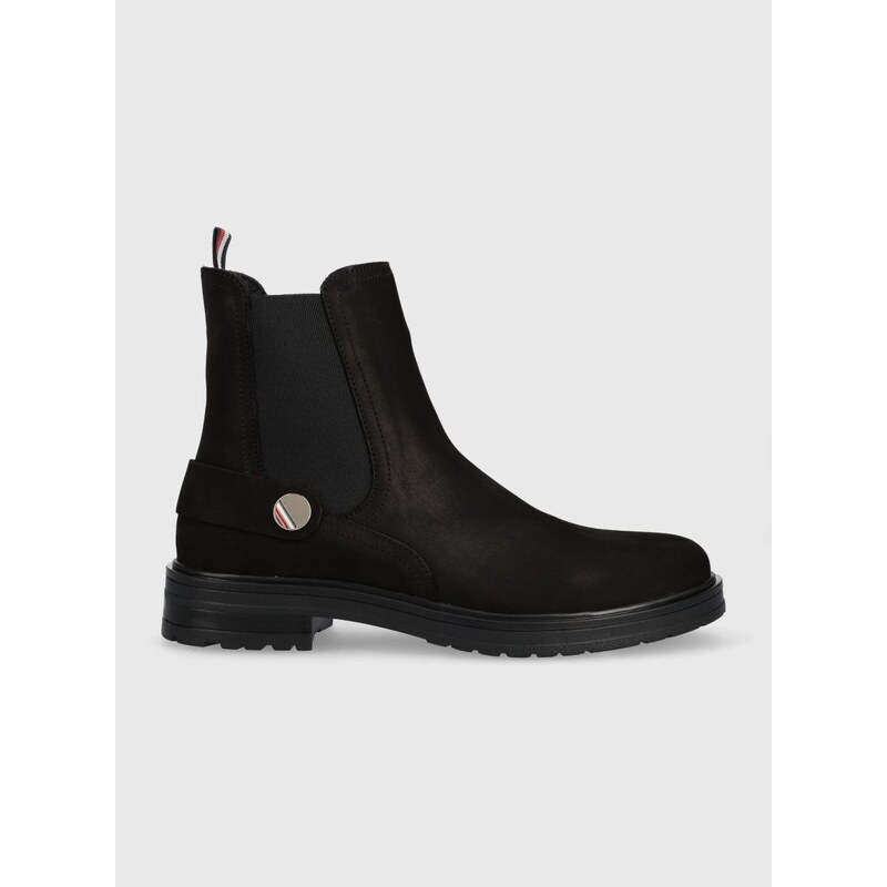 Semišové kotníkové boty Tommy Hilfiger Th Coin Flat Boot dámské, černá barva, na plochém podpatku