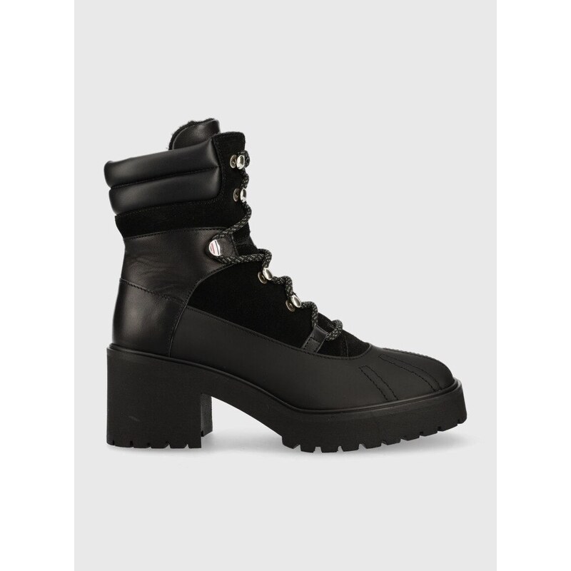 Kožené kotníkové boty Tommy Hilfiger Heel Laced Outdoor Boot dámské, černá  barva, na podpatku, lehce zateplené - GLAMI.cz