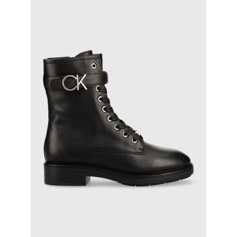 Kožené kotníkové boty Calvin Klein Rubber Sole Combat Boot dámské, černá barva, na plochém podpatku