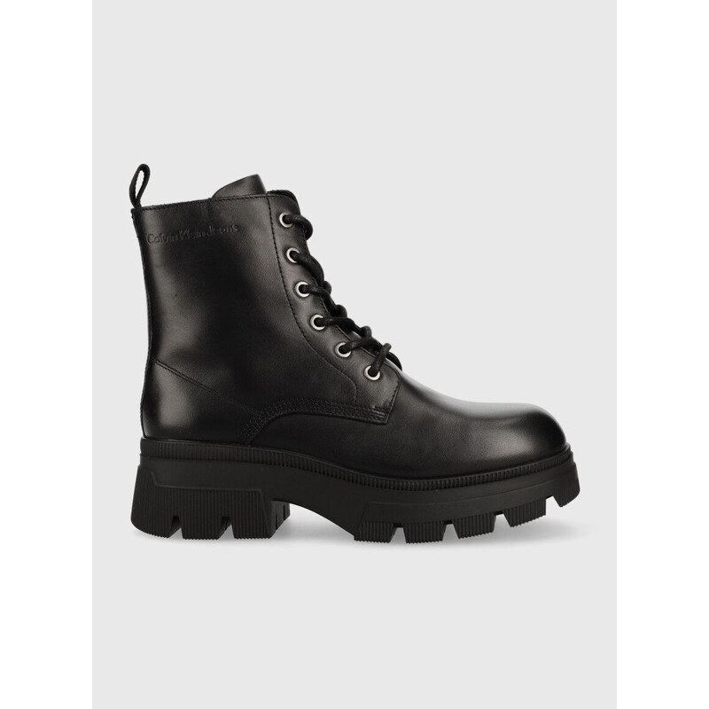 Kožené workery Calvin Klein Jeans Chunky Combat Laceup Boot dámské, černá barva, na plochém podpatku