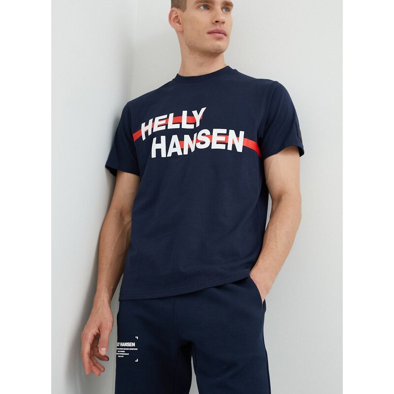 Bavlněné tričko Helly Hansen tmavomodrá barva, s potiskem