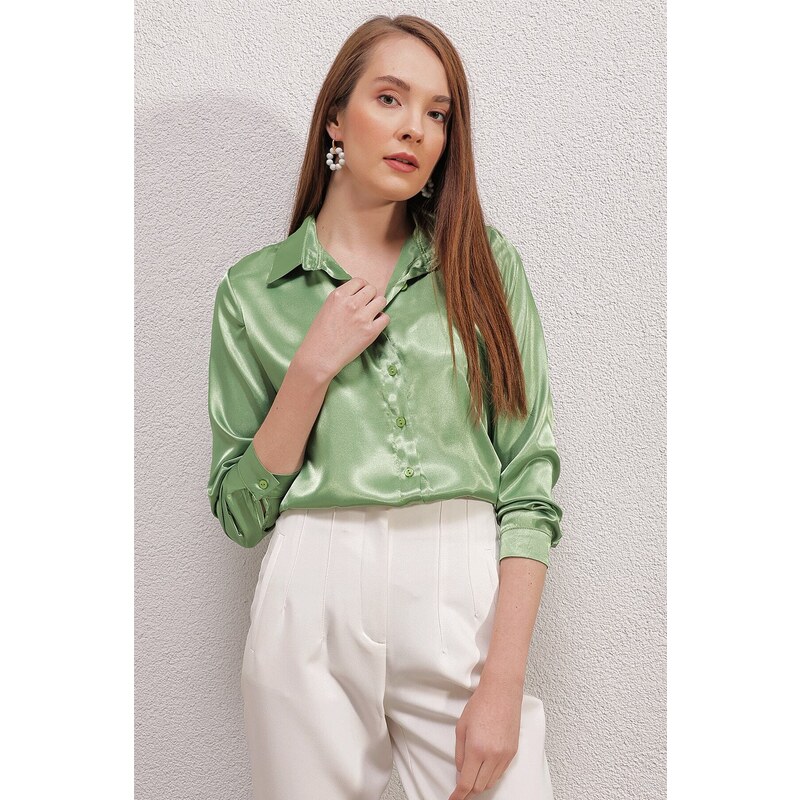 Bigdart 3964 Lightly Flowy Satin Shirt - Green