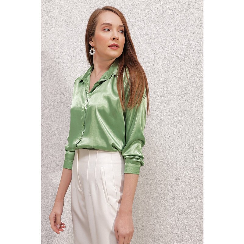 Bigdart 3964 Lightly Flowy Satin Shirt - Green